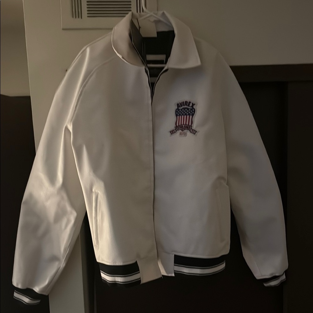 Avirex White Bomber Jacket with Ribbed Cuffs